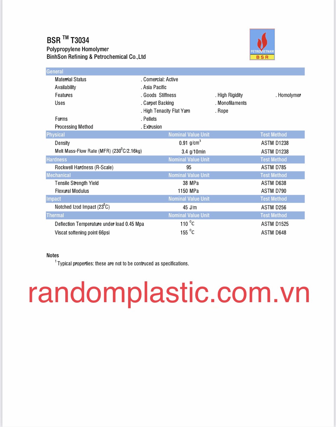 Hạt nhựa nguyên sinh PP T3034
