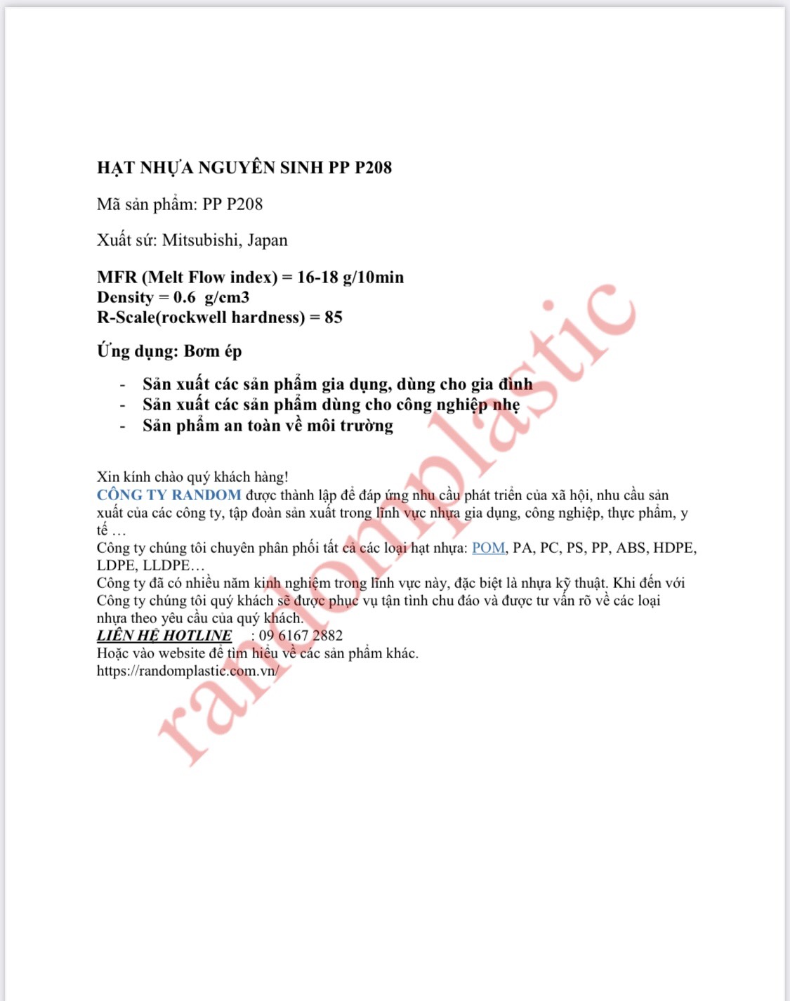 Hạt nhựa nguyên sinh PP P208