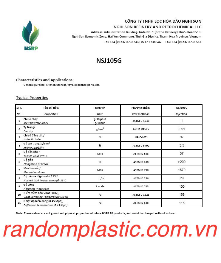 Hạt nhựa nguyên sinh PP NSJ105G