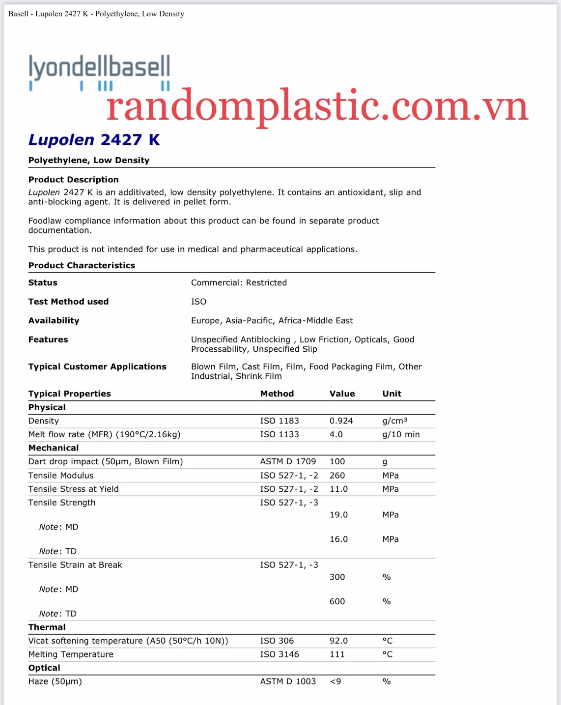 Hạt nhựa nguyên sinh LDPE 2427K