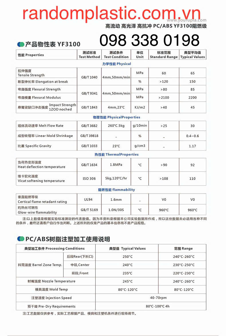 HẠT NHỰA NGUYÊN SINH PCABS YF3100 